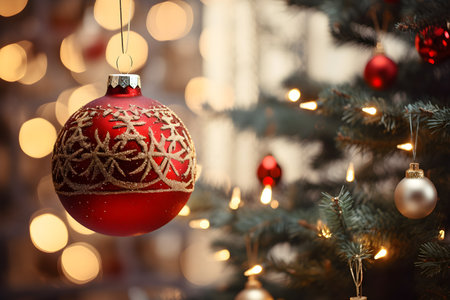 Red ball on christmas background with new year treeの素材