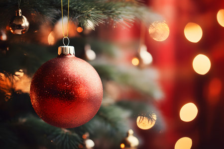 Red ball on new year tree with bokeh backgroundの素材