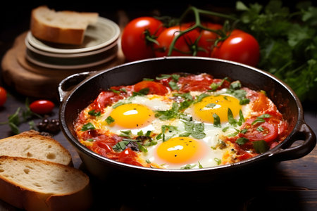 frying pan with shakshuka on a wooden tableの素材