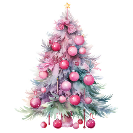Pink watercolored style new year tree decorated, isolated on white backgroundの素材