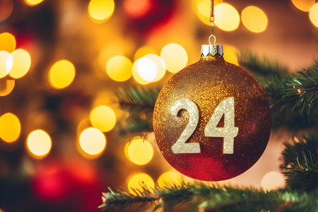 2024 new year numbers sign with tree and festive christmas backgroundの素材