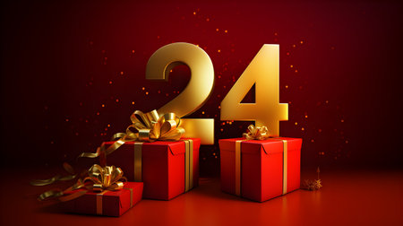 2024 numbers sign, New year red background with christmas giftsの素材
