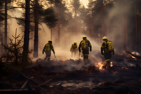 A team of firefighters extinguish a fire in the forestの素材