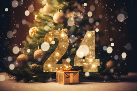 2024 new year numbers sign with tree and festive christmas backgroundの素材