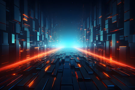 Abstract technological background, futuristic data technoogy stream illustration with neon lights cyberspaceの素材