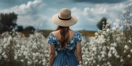girl in a straw hat stands with her back in a field of flowersの素材