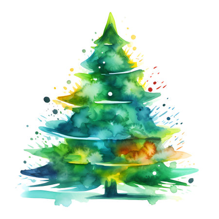 Colorful watercolor christmas tree isolated on whiteの素材