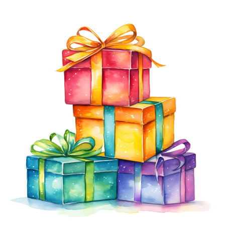 Bright colorful watercolor painted christmas gift isolated on whiteの素材
