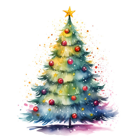 Colorful watercolor christmas tree isolated on whiteの素材