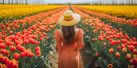girl in a straw hat stands with her back in a field of flowersの素材