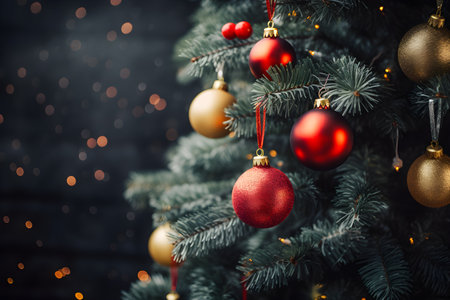 Red ball on christmas background with new year treeの素材