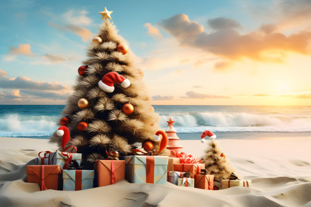 New year tree decorated on the beach, tropical christmas celebrationの素材