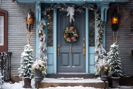 Front door in christmas decorationsの素材