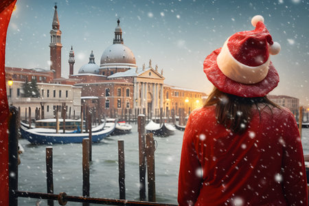 Fictional snowing in Venice city, girl in red hat standing back on the Christmas atmosphere backgroundの素材