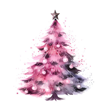 Pink watercolored style new year tree decorated, isolated on white backgroundの素材