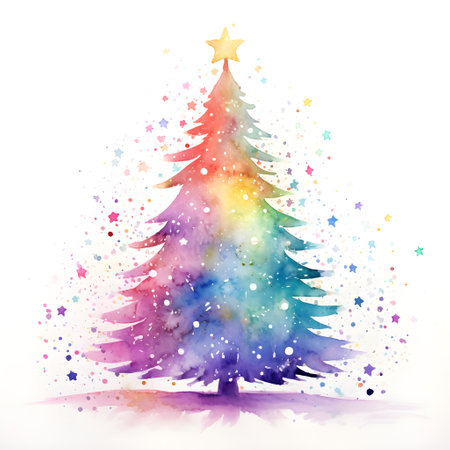 Colorful watercolor christmas tree isolated on whiteの素材