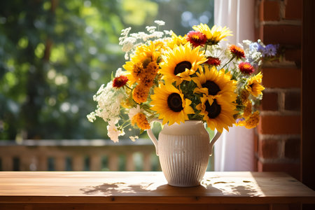 Vase with sunflowers on the windowsillの素材
