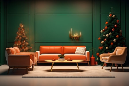 Modern stylish interior with christmas decorations in green and orange colorsの素材