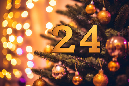 2024 new year numbers sign with tree and festive christmas backgroundの素材