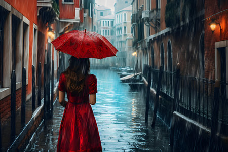 Girl standing back in red dress with red umbrella looking to Venice channelの素材