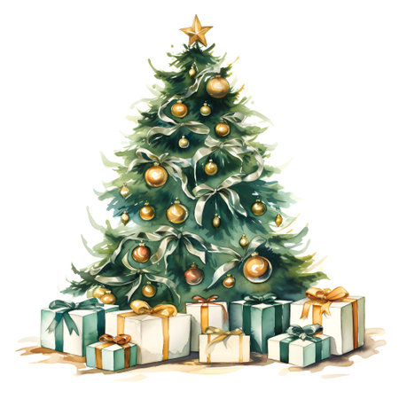 Green watercolored style new year tree decorated, isolated on white backgroundの素材