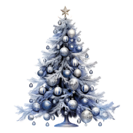 Blue watercolored style new year tree decorated, isolated on white backgroundの素材