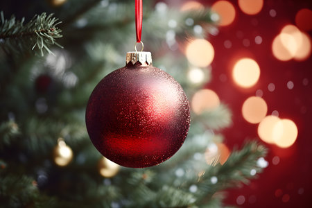 Red ball on new year tree with bokeh backgroundの素材