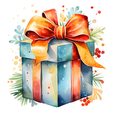 Bright colorful watercolor painted christmas gift isolated on whiteの素材