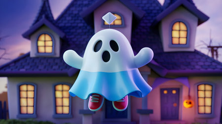 Ghost in front of a house. Halloween concept. 3d renderingの素材