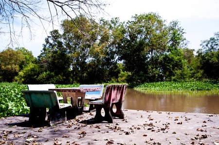 stone chair near the riverの写真素材