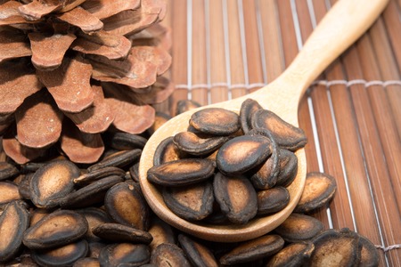 watermelon seeds on wood backgroundsの写真素材