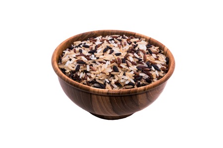 Rice in wooden bowlの写真素材