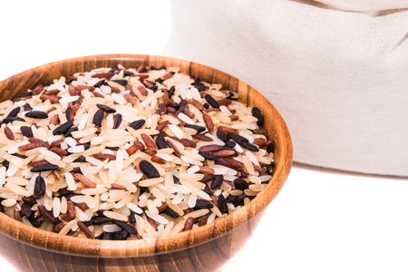Rice in wooden bowlの写真素材