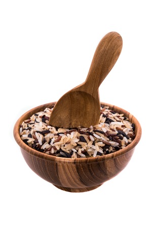 Rice in wooden bowlの写真素材