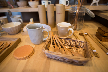 A lot of wooden spoons on tableの写真素材