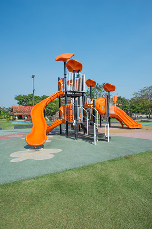 Playgrounds in garden and nice blue skyの写真素材