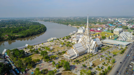 Aerial view of thai temple churchの写真素材