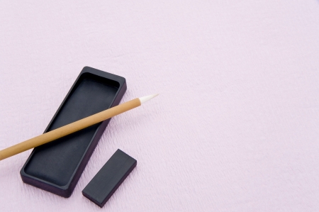 Writing brush on Japanese paper の写真素材