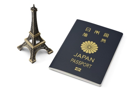 miniature eiffel tower and passportの写真素材