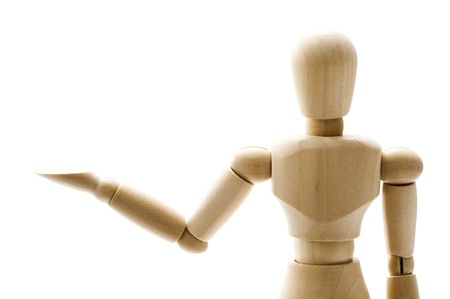 Wooden pose puppet on white background, close-up の写真素材