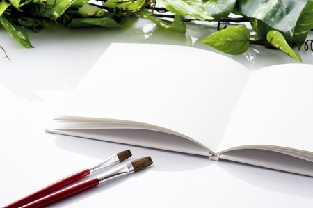 Paintbrush and blank open book on white background の写真素材