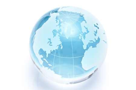 Blue glass globe on white background の写真素材