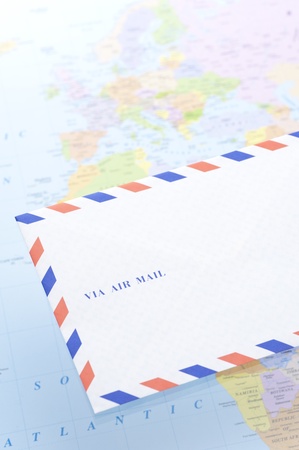 envelope of airmail on world map backgroundの写真素材