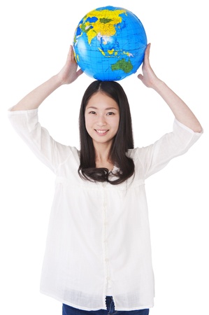 Women put on the head a globeの写真素材