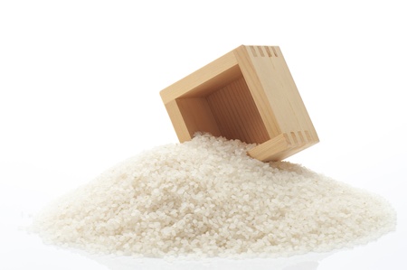 White rice in the wooden square cup, japanese food の写真素材
