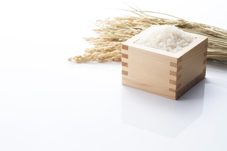 White rice in the wooden square cup, japanese food の写真素材
