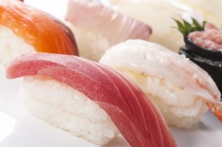 Assorted sushi on white background, close-upの写真素材