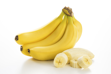 Peeled banana on white backgroundの写真素材
