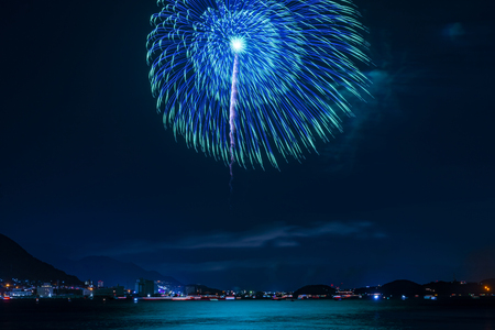 Kanmon Strait fireworks festival, Fukuoka, Yamaguchi, Japanの写真素材
