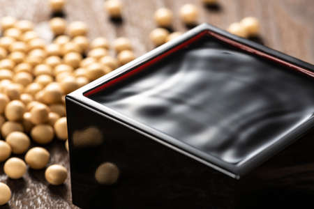Soy sauce and soy beans.の写真素材